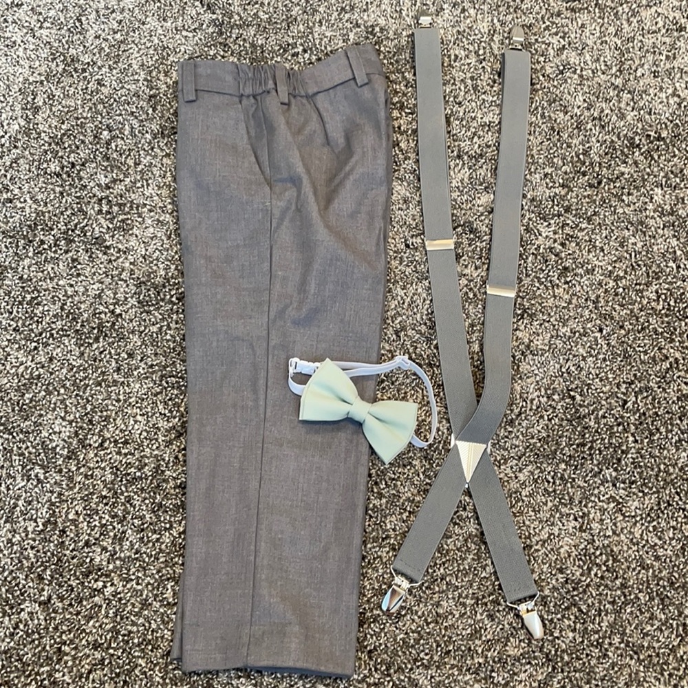 Boys slacks + suspenders + bow tie